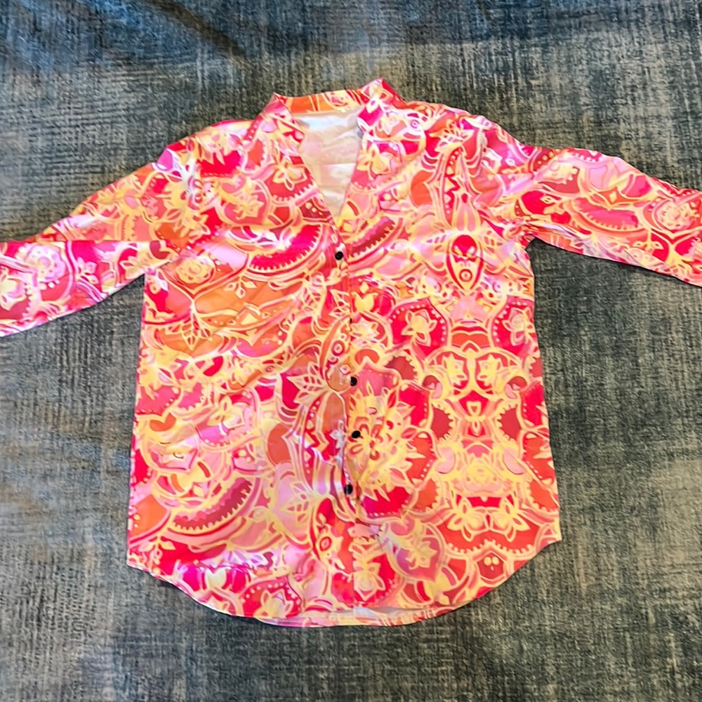 COPY - Pink yellow orange blouse with 3/4 sleeves